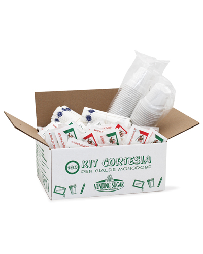 OFFICE COFFEE SERVICE KIT 100 – WHITE SUGAR SACHETS (box of 100 sugar sachets+packaged stirrers+cups)